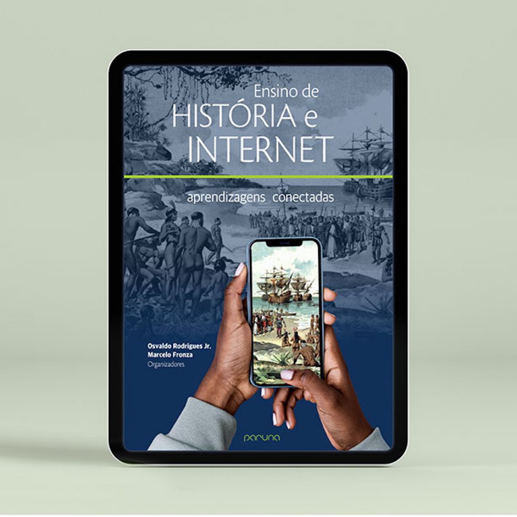 Imagem de um tablet apresentado a capa do Livro História e Internet
